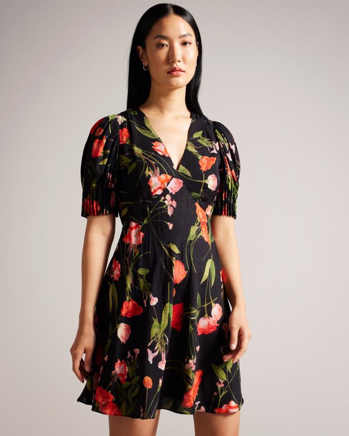 Peignoir Ted Baker Floral Mini Tea With Puff Sleeves Noir Femme | CKY-15353831